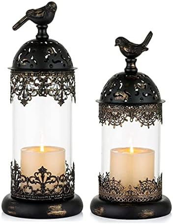 Romadedi Candle Holders Decorative Bird Cage Lantern - Tabletop Decorative Accent Candleholder Set of 2 for Halloween Home Living Room Mantel Patio Coffee Table Centerpiece Decor, Distressed Black