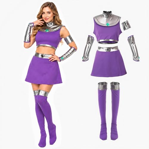 Xyeyo 6Pcs Women Starfire Costume Cosplay Outfit Princess Koriand'r Skirt Top Dress Up with Gloves Socks for Halloween Adult (XXL), XX-Large