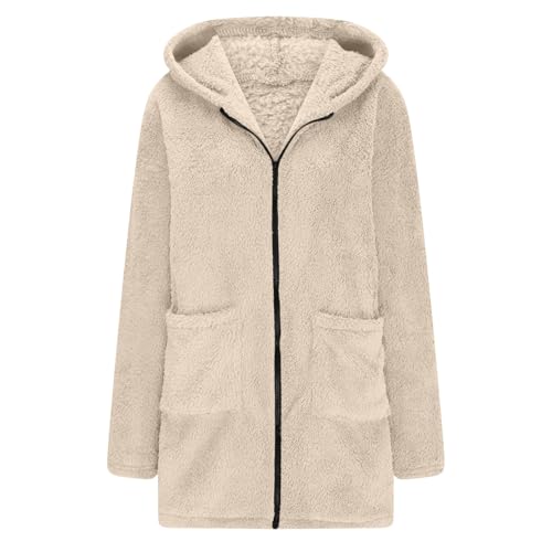 KOG Fleecejacke für Damen Wintermantel Warme Teddyjacke Wollmantel Einfarbig Streetwear Frauen Kapuzenpullover übergangsjacke Strickjacke Frau Daunenmantel Sportjacke Dufflecoat Beige XL