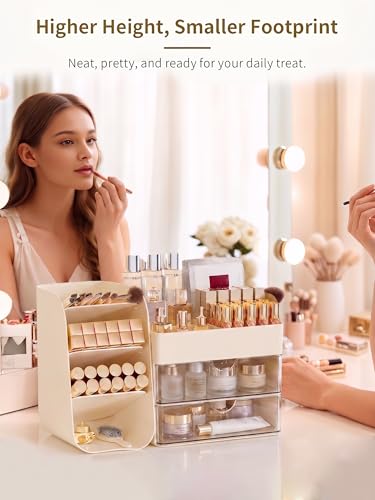 Image of Booklov Small Makeup Organizer for Vanity and Bathroom Countertop, Cream | Clear Acrylic Cosmetic Display Case, Beauty Brush Holder for Dresser Counter Skincare Eyeshadow Lipstick Perfume Storage