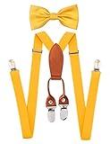 ZURLEFY Adjustable Yellow Suspenders and Bow Tie Set for Boys Girls, Gold Bowtie and Elastic Suspend