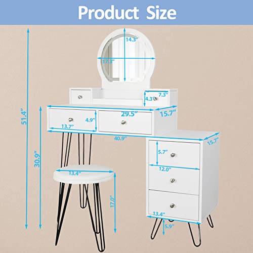 Fameill Makeup Vanity Desk With Lighted Mirror,White Vanity Table Set With Round Mirror,3 Color Touch Screen Dimming Mirror,7 Drawers Bedroom Dressing Table With Soft Cushioned Stool #TOP5