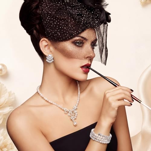 Image of Glenmal Pearl Rhinestone Jewelry Set for Women Pearl Necklace Bracelet Earrings for Wedding Halloween Bridal Shower Tea Party