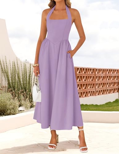 Image of ZESICA Women's Summer Sleeveless Halter Midi Dress 2026 Off Shoulder High Waist Flowy Formal Wedding Guest Long Dresses