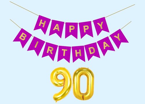 Image of Mystic Toy Store 90th Happy Birthday Decoration Kit Purple for 90 year Old Men with Number Ninety Party Decorations Decor Celebration Items Item Set Combo Reusable Paper Banner