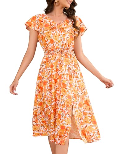 Image of Bridesmay Womens Summer Floral Midi Dresses Ruffle Sleeve Beach Wedding Guest Dress V Neck Swing Flowy Dresses