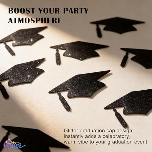 Image of Qttier 12pcs Graduation Cap Confetti Black Glitter, Big Size 4 inches | Congrats Grad Party Decorations Graduation Table Decor Class of 2026 High School College Grad Party Supplies