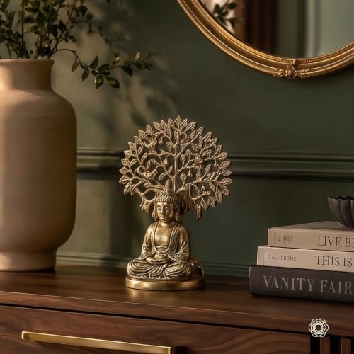 Image of BEHOMA Golden Buddha Statue Under Bodhi Tree | Metal Idol for Home Decor