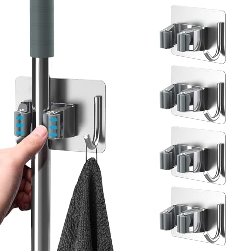 Mop Broom Holder No Drill Mop Broom Organizer Wall Mounted Heavy Duty with Hooks Hanger Self Adhesive Stainless Steel 4Pcs for Bathroom Kitchen Office (Grey)