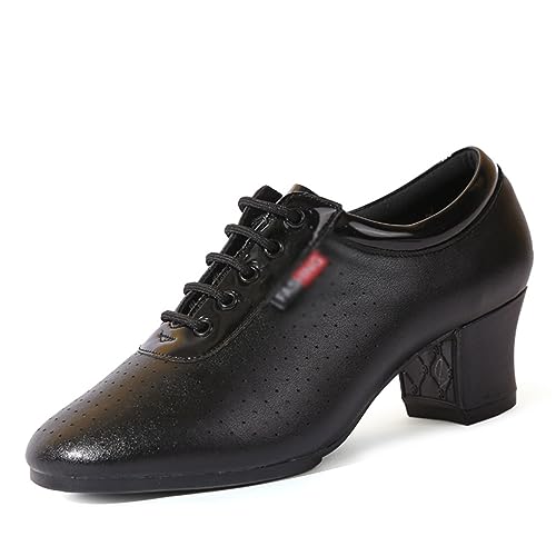 Women Latin Dance Shoes Leather Breathable Fashion Professional Performance Dance Shoes Rubber Sole Lace Up Ballroom Dance Pratice Shoes (Color : Black-5CM/1.96In, Size : 8.5)
