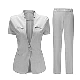 YUNCLOS Women's 2 Piece Business Office Suit Set One Button Short Sleeve Blazer Jacket and Suit Pants Gray