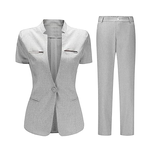 YUNCLOS Women's 2 Piece Business Office Suit Set One Button Short Sleeve Blazer Jacket and Suit Pants