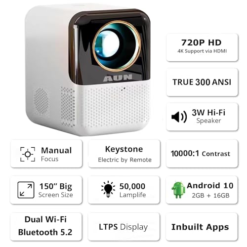 Image of AUN Short Throw Projector 720P Native HD Portable Projector for Home 4K Support Android 10 YouTube Builtin Apps 5G WiFi Auto Keystone 4000 lumens 200 inch Screen Home Cinema Projector