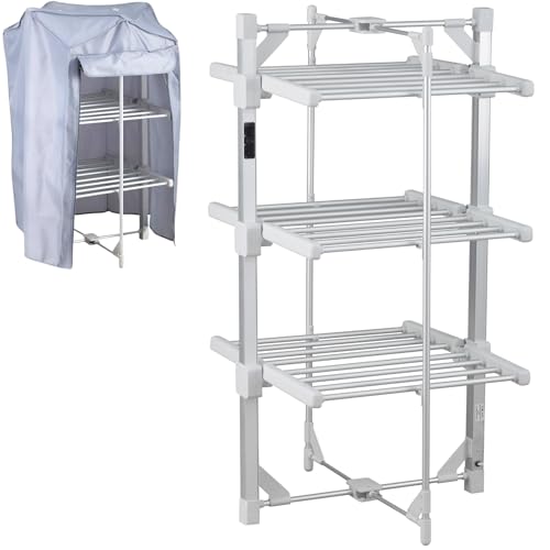 Tarrapu Mini 3 Tier Heated Clothes Airer with Cover & Smart Timer Electric Heated Drying Rack Indoor Folding Clothes Dryer with Auto Shut Off Laundry Airer & Clothes Horse