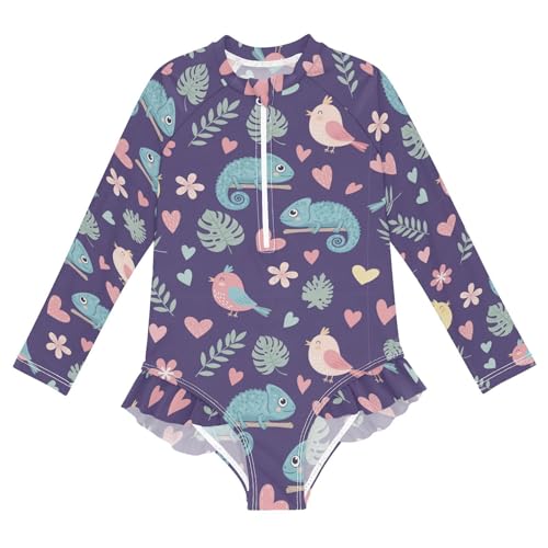 Chameleon Bird Pattern Girls Rash Guard Swimsuits Long Sleeve One Pieces Bathing Suit UPF 50+ Zipper Swimwear