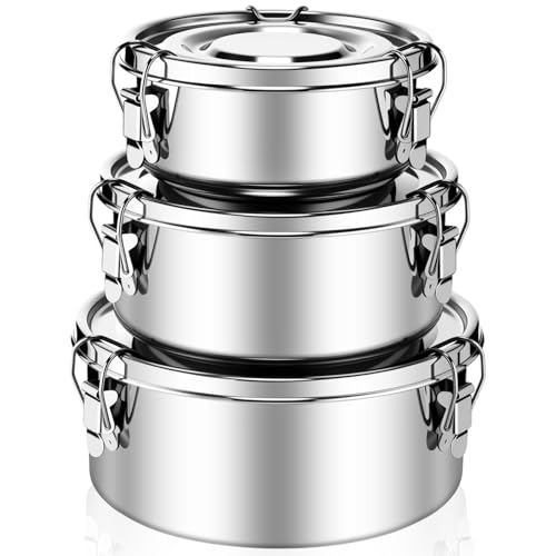 Skybooly 3 Pcs Stainless Steel Bento Box with Lockable Clips to Leak Proof Food Storage Containers Metal Lunch Container, Reusable Dishwasher Safe Lunch Snack Boxes(13 Oz, 22 Oz, 36 Oz)