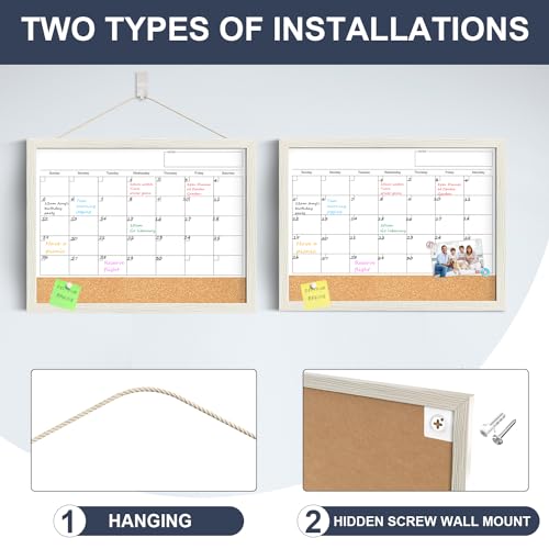 TANKEE 17"x13" Whiteboard Calendar Cork Board Combo, Magnetic White Board Monthly Calendar with Wood Framed, Hanging Dry Erase Board for Kitchen Home Office Planner image 7