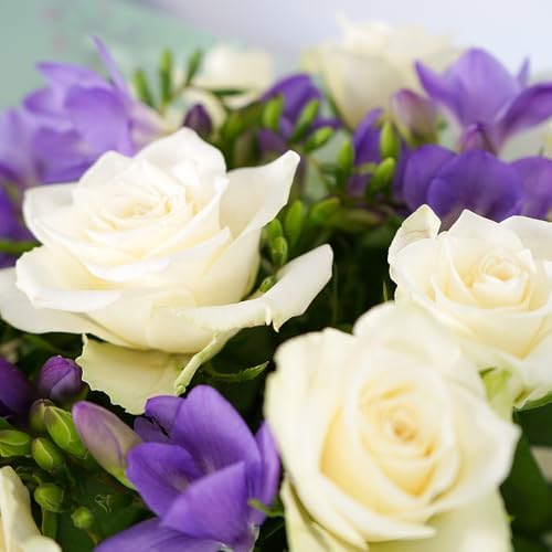 Rose & Freesia Bouquet With White Roses, Lilac Freesia & Foliage - Gift For Birthday, Anniversary, Thanks - View 7