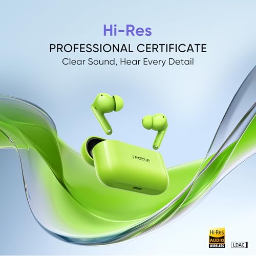 Image of realme Buds T200 True Wireless Earbuds with Hi-Res Audio, 12.4mm Dynamic Bass Drivers, 32 dB ANC, Quad Mic, 45ms Latency, Upto 50 Hrs Playback, Fast Charge, IP55 Rated, BT 5.4 (Neon Green)