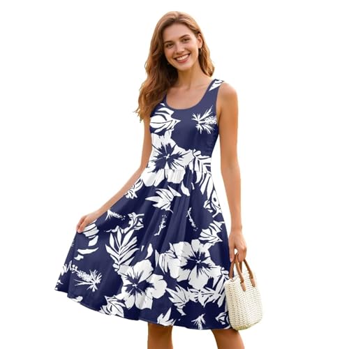 Image of Women Stylish Tank Dresses Sleeveless Round Neck Midi Casual Dress with Pocket for Summer