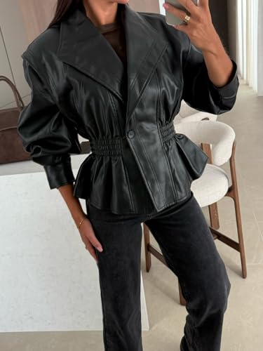 chouyatou Women 2025 Fall Shawl Collar Peplum Faux Leather Jacket Trendy Moto Dressy Casual Winter Coats3