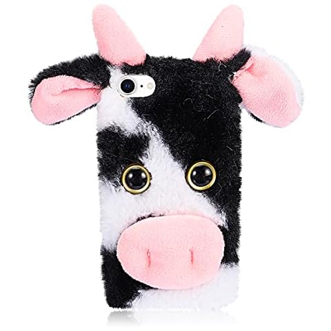 Mikikit Fluffy Case Compatible with iPhone 7/8/SE (2020), Plush Phone Case TPU Bottom Shell + Plush Surface Cartoon Cow Phone Protector Case Fluffy Fuzzy Protective Cover Cover