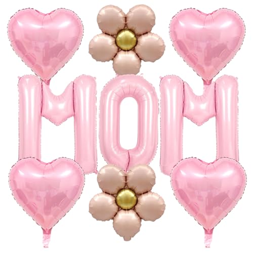 9Pcs Mothers Day Balloons - 16 Inch Pink Mom Balloons for Mothers Day Decorations - Heart Balloons Flower Daisy Balloon for Happy Mothers Day Party Decorations Supplies