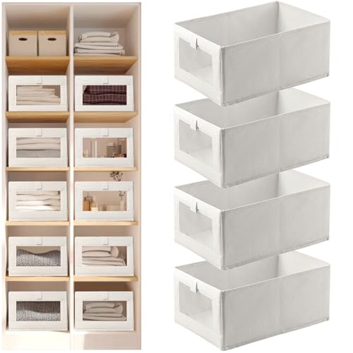Linen Closet Organizers and Storage, 4 Pack Storage Bins Linen Clothing Organizer Baskets with Mesh Window, Foldable Closet Organizer for Clothing, Towels, Toys, Nursery, Books, Shelves (Beige)
