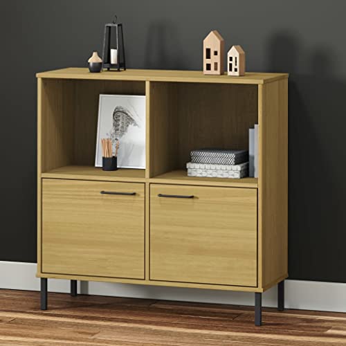 QZZCED Estantería decorativa Oslo con patas de metal marrón, 90 x 35 x 90,5 cm, madera maciza para salón, dormitorio, oficina