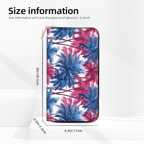 Leather Thin Slim Wallets for Women Men - Fashion Red Blue Hawaiian Palm Tree Print Card Wallet Holder with Zipper2