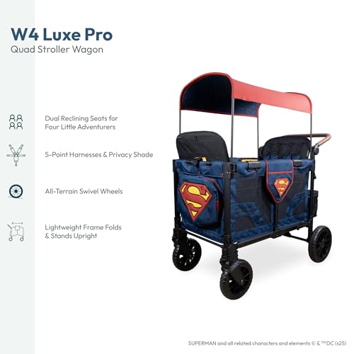 Image of WONDERFOLD W4 Luxe Pro Special Edition Superman Stroller Wagon (4 Seater) - Collapsible Wagon Stroller with Seats with 5-Point Harnesses, Easy Access Zipper Door, and Removable Sun Canopy