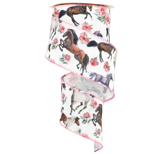 JarThenaAMCS Horse Floral Wired Edge Ribbons Watercolor Flower Horse Craft Ribbon Rustic Fabric Ribbon for Farmhouse Wreath Bow Making Supplies, 12 Yards