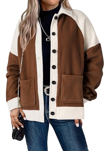 Shewin Womens Casual Winter Sherpa Coats Buttoned Fuzzy Fleece Jacket Shacket Outwear With Pocket Brown Large cover