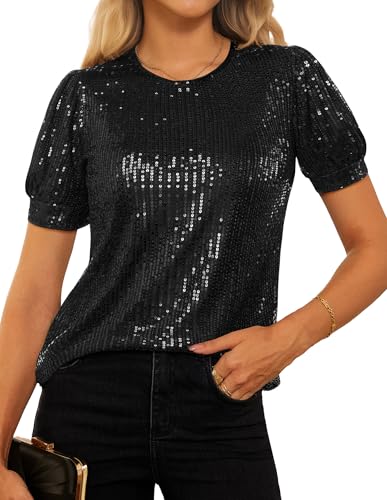 GRACE KARIN Damen Glitzer Tops Kurze Laternenärmel Rundhals Pailletten Pullover Bluse Party Tops Schwarz XL