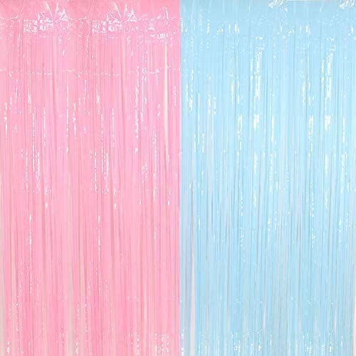 Pengpen Blue and Pink Foil Fringe Curtain for DIY Boy or Girl Gender Reveal Party Supplies Baby Shower Birthday Party Decoration Party Photo Backdrop(2pack)