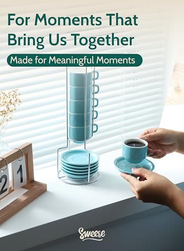 Image of Sweese 2.5 Ounce Porcelain Stackable Espresso Cups with Saucers and Metal Stand Set of 4, Turquoise