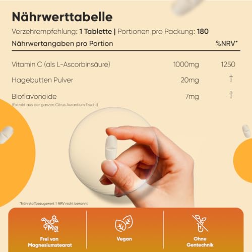 Vitamin C 1000mg pro Tablette - 180 vegane Tabletten für 6 Monate - Vitamin C trägt zu einer normalen Funktion des Immunsystems bei (EFSA) - Vit C mit Bioflavonoiden & Hagebutte - WeightWorld