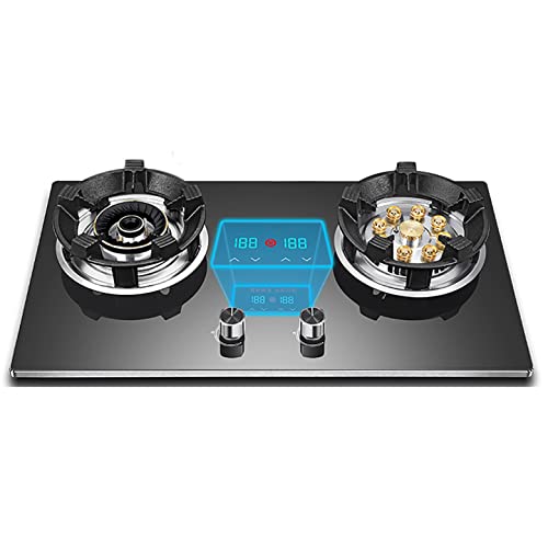 Plaque de cuisson à gaz Cuisinière à gaz intégrée, Cuisinière à gaz à 2 brûleurs, Bouton en alliage de zinc-magnésium, Rappel anti-brûlure à 55 ° +, Contrôle indépendant, Affichage de la puissanc