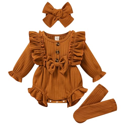 Image of GRNSHTS Newborn Baby Girl Clothes Ruffle Solid Sweater Long Sleeve Romper+Hairband+Socks 3Pcs Fall Winter Outfits