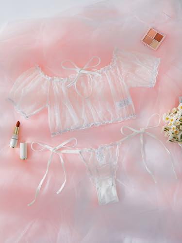Image of Lilosy Sexy Stretch Ruffle Tie Sheer Mesh Lingerie Set Outfits