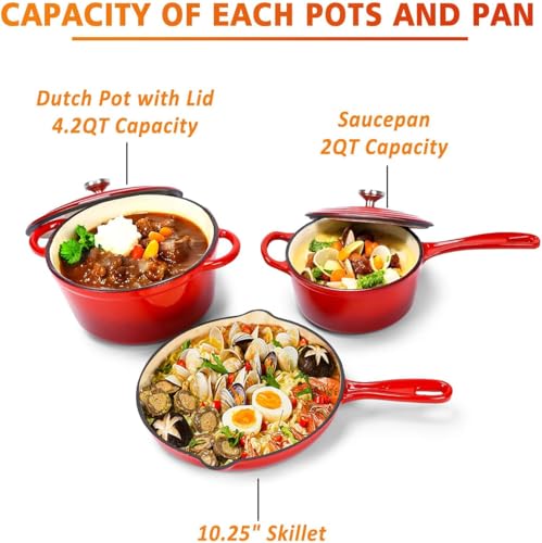 Enamel Cast Iron Dutch Oven and Saucepan Set with 7 pcs Non Stick Pans Set, 3 Small Medium Large Dutch Ovens with Lid and 1 Sauce Pan, Gas Induction Cooker Compatible Cookware - (Red) - Image 6