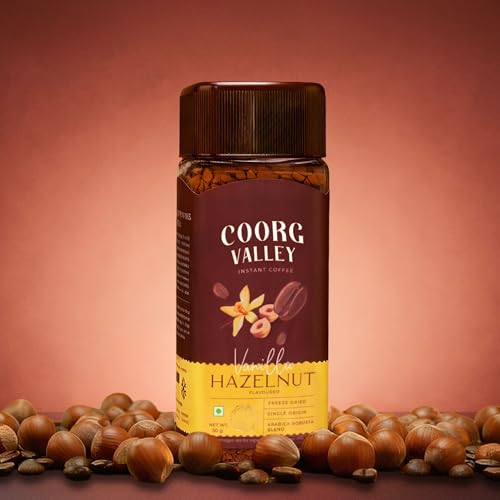 Image of Coorg Valley Vanilla Hazelnut Instant Coffee 50g | Flavoured Coffee | Premium Blend of Robusta & Arabica | Freeze Dried | Make Cafe Style Hot & Cold Coffee at Home
