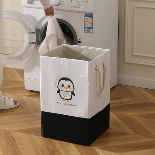 Image of HOKIPO Foldable Laundry Basket for Clothes with Lid, Black - Penguin (AR-5317-BLK), 53cm, 35cm