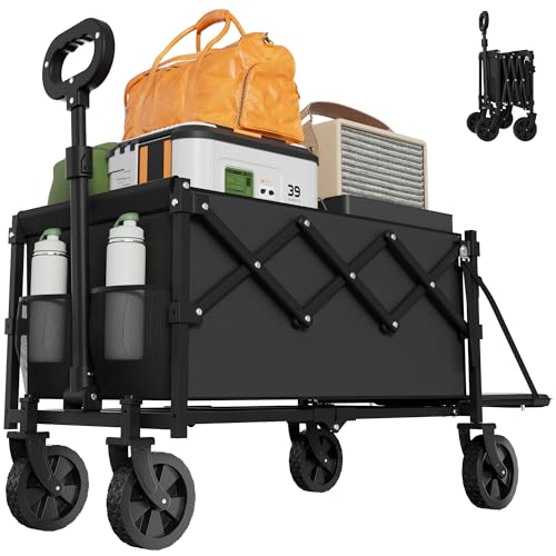 Collapsible Wagon with Wheels, 350lbs Wagons Carts Foldable Wagon Cart with Expandable Storage 100L & Flexible Handle, Lightweight Portable Folding Utility Grocery Shopping Cart for Garden Camping
