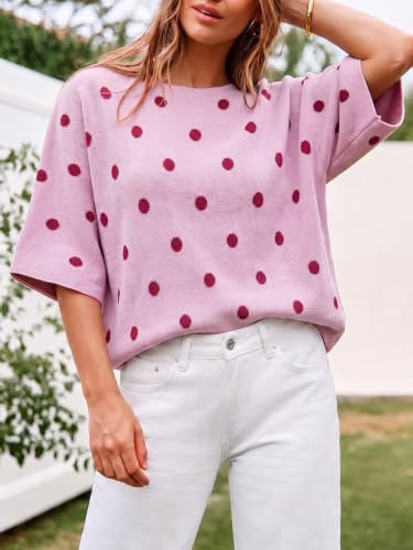 Image of Cicy Bell Womens Oversized Short Sleeve Sweaters Tops Knit Fall Pullovers | Half Sleeve Trendy Casual Loose Fit Sweater, Heart&ploka dot&floral pattern,Knitted Boat Neck Work Top for Teachers