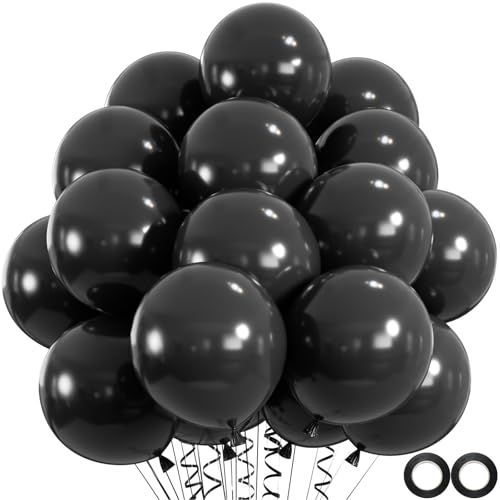 Image of 100pcs Black Balloons, Helium Quality 12 inch Black Party Balloons for Birthday, Halloween, Graduation Party Decorations (66ft Ribbons)