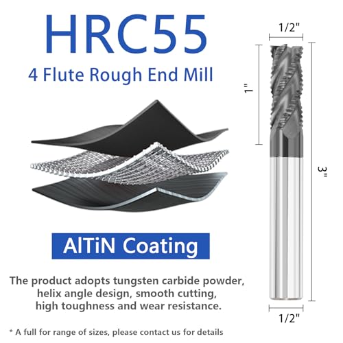 Image of 1 /2 inch Tungsten Carbide Roughing End Mill 4 Flute Square Endmill Set CNC Milling Bits with AlTiN Coated for Alloy Steels /Hardened Steels