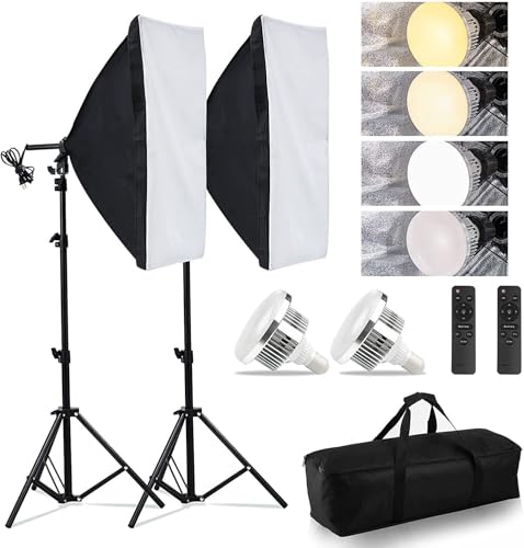 2024 新登場 LED 撮影用ライトキット 50x70cm 照明キット 遠隔操作 3 色ライトモード 2800K - 6000K 撮影用照明 三脚付き 調整可能スタンド 収?バッグ付き お持ち込みやすい 写真、スタジオ、自宅撮影用 (LED 電球)