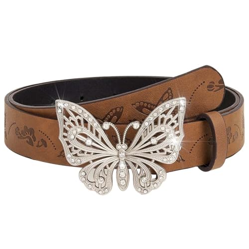 Western Skinny Leather Belt for Women Brown Country Belt for Jeans Pants Cowgirl Cowboy Belt with Butterfly Buckle
