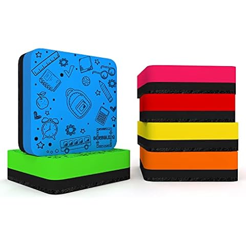 Scribbledo 6 Pack Dry Erase Erasers Assorted Colors Magnetic Whiteboard Erasers for Kids and Students - Smudge Free Small Dry Erase Board Erasers for Classroom Home, School and Office Cover